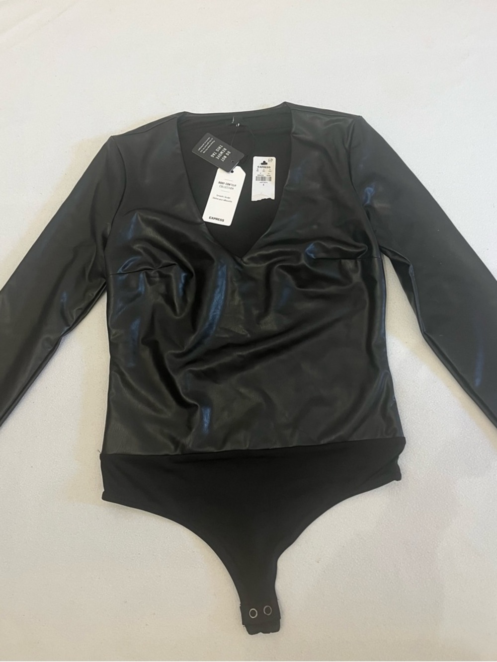 Express Faux Leather V-Neck Black Bodysuit Top - Picture 3 of 5